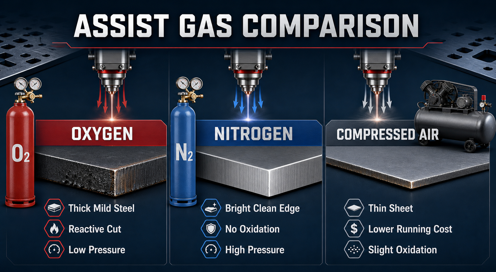 Infographic comparing oxygen nitrogen and air laser cutting surface finish pressure and cost