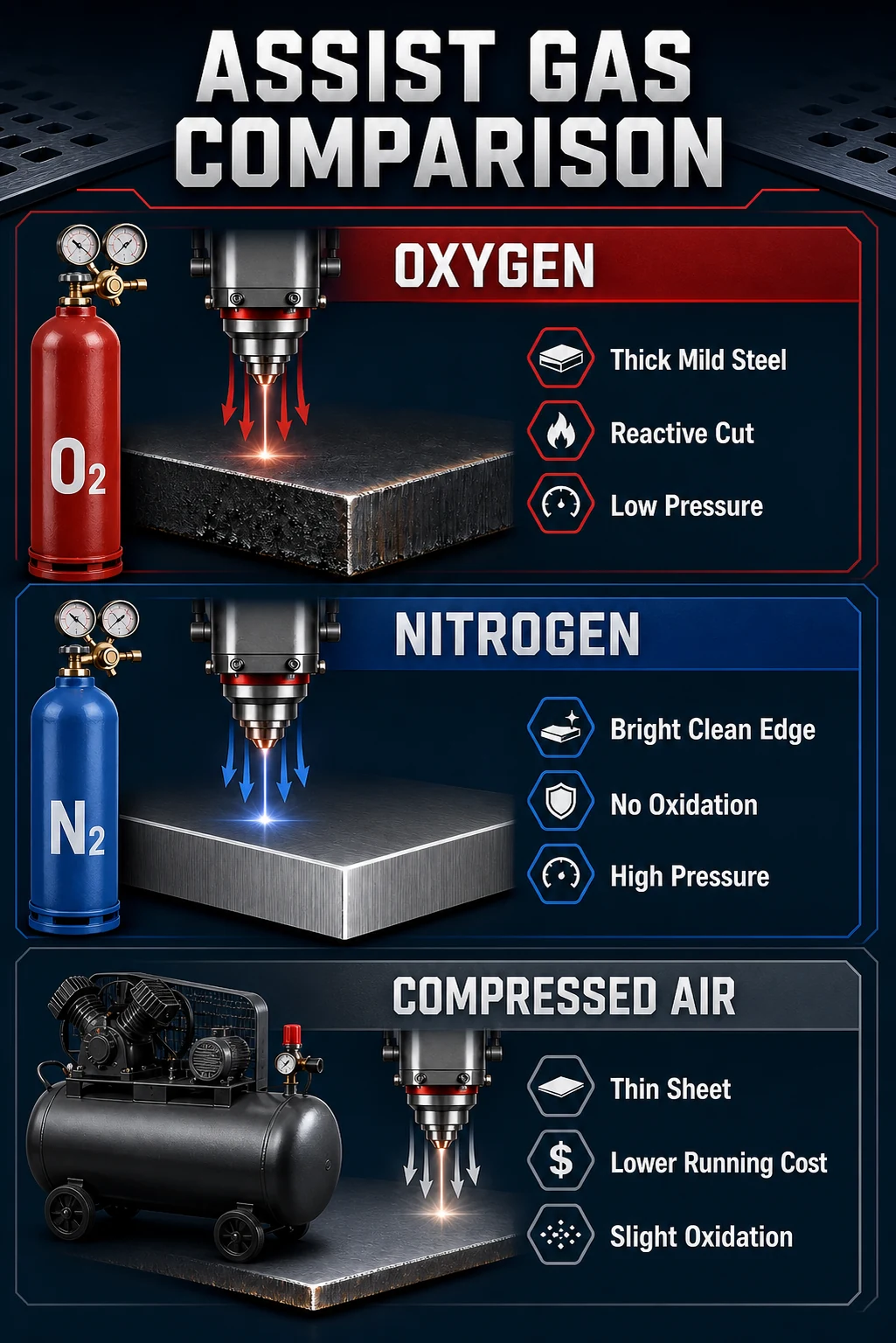 Oxygen vs nitrogen vs compressed air assist gas comparison for fiber laser cutting