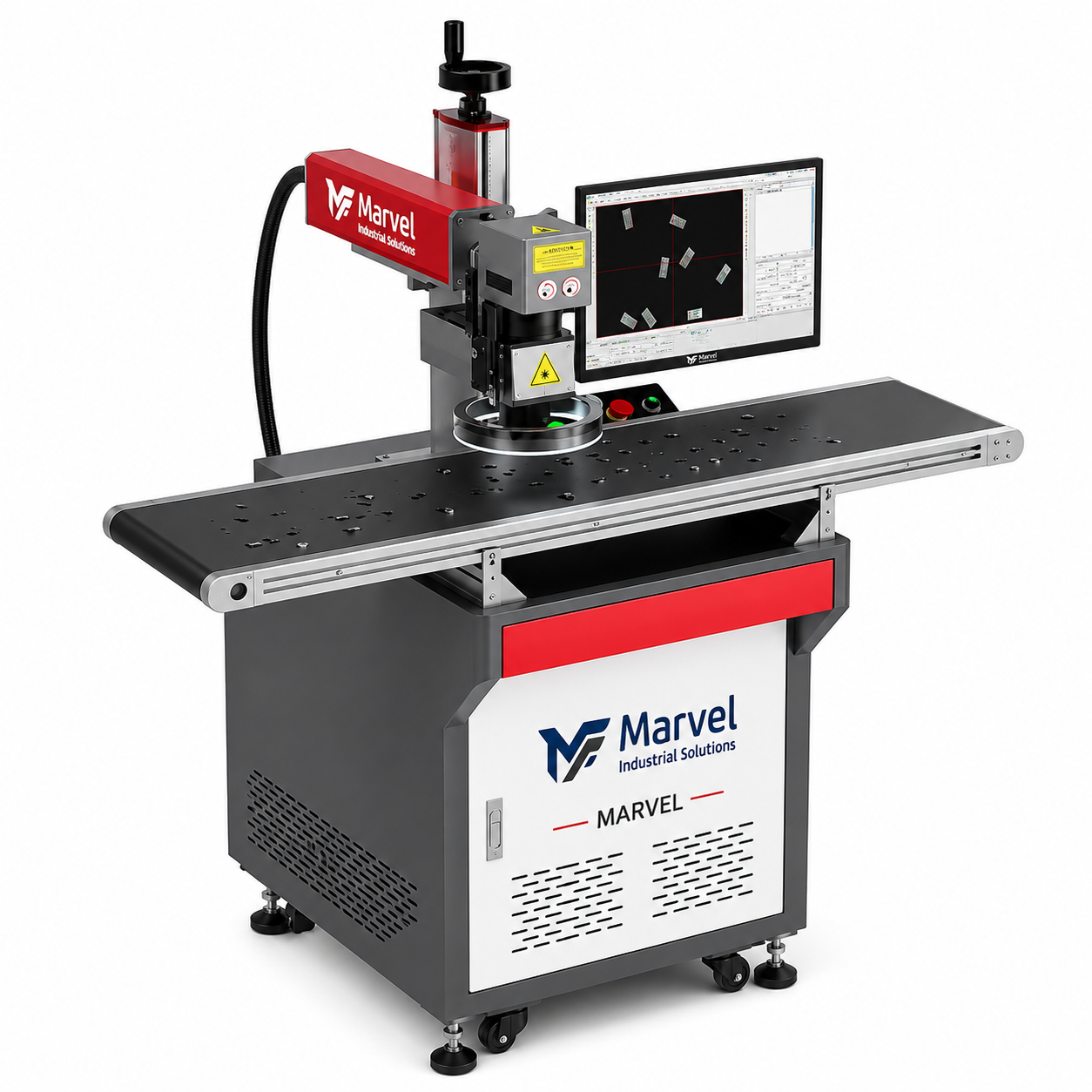 Vision laser marking machine with camera positioning and conveyor table